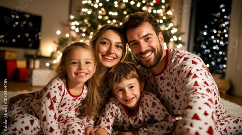 A family taking a holiday photo in front of a brightly lit Christmas tree, all wearing matching festive pajamas and cheerful expressions.