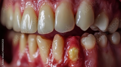 Close-up of an oral cavity showing signs of advanced pyorrhea with red inflamed gums and noticeable pus-filled pockets around teeth