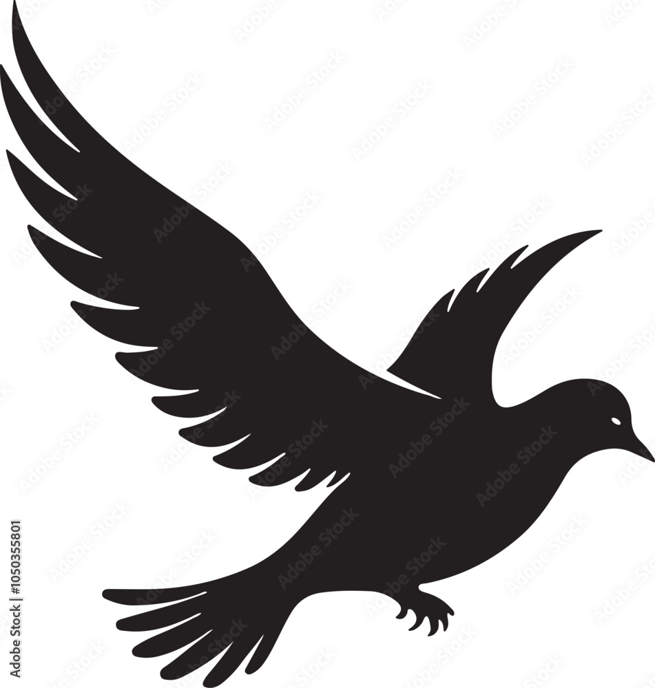 Obraz premium Dove peacemaker silhouette, vector. Dove illustration, symbol of peace. Flying dove holding branch isolated on white and Flying bird silhouette, artwork, wall decals.