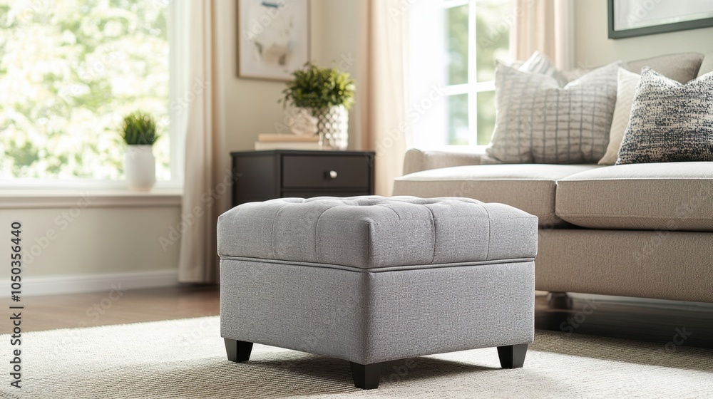 Obraz premium Contemporary gray storage ottoman in a bright living room, offering practical storage with a chic and modern design aesthetic