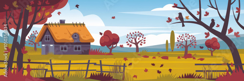 autumn landscape featuring a farmhouse, trees and birds in a serene countryside