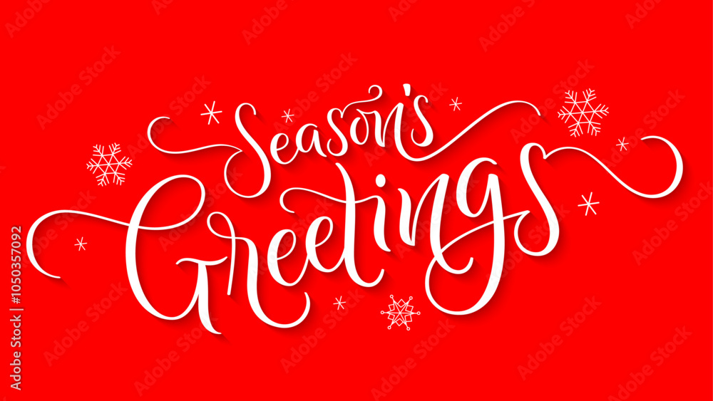 SEASON'S GREETINGS white vector brush calligraphy banner with snowflakes on red background SEASON'S GREETINGS white vector brush calligraphy banner with snowflakes on red background