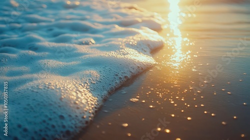 Slowmotion capture of waves gently lapping onto a sandy beach, the foam of the water slowly creeping up the shore, sunlight reflecting off the wet sand photo