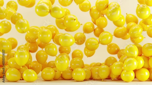 Yellow color of balloons group up falling on white background studio for copy space. 3D Animation. Minimal party celebration concept.