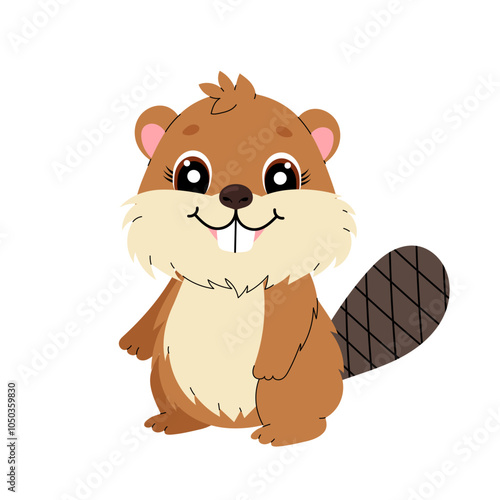 Beaver. Wild shorthaired animal. Flat kids illustration of animal on white background.