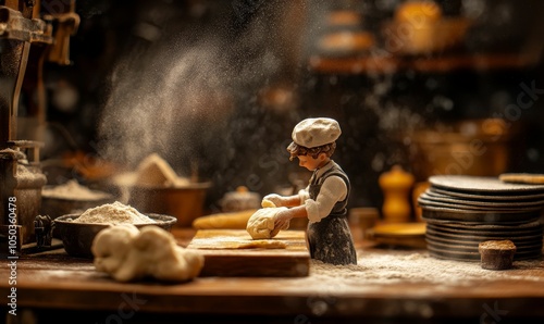 Baker kneads dough in a floury kitchen.