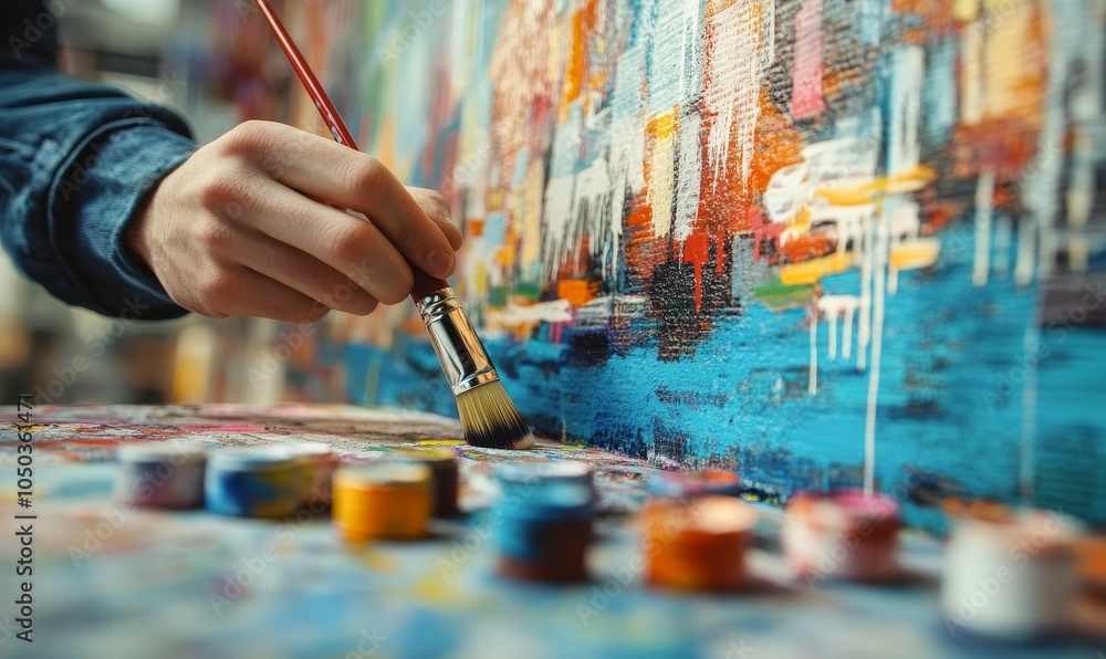 Obraz premium Painting a colorful abstract canvas with a brush.