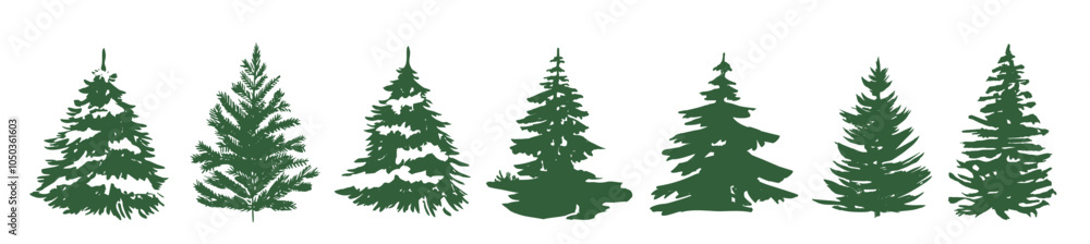 Fototapeta premium Vector silhouettes of trees, firs, pines, bushes, various types of trees and shrubs in black vector, Various shapes of fir tree, christmas tree silhouette. 