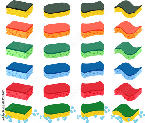 Vector set of kitchen sponges isolated on white background. Colorful cleaning sponges with soap bubbles for washing and bathing