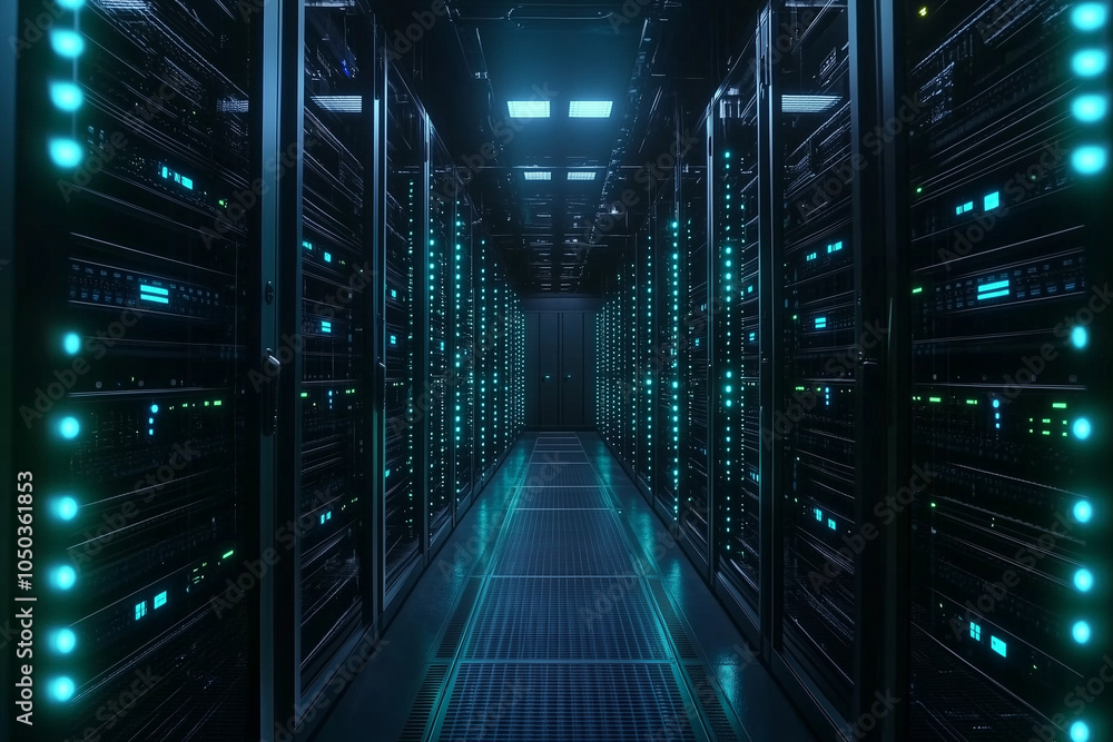 Obraz premium Server room corridor with illuminated data storage units
