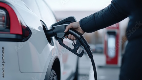 Person Fueling Car at Gas Station