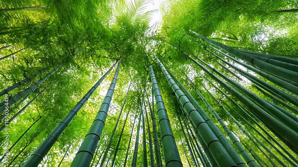Sunbeams dance through the lush, green bamboo forest, casting long shadows on the forest floor Sunbeams dance through the lush, green bamboo forest, casting long shadows on the forest floor