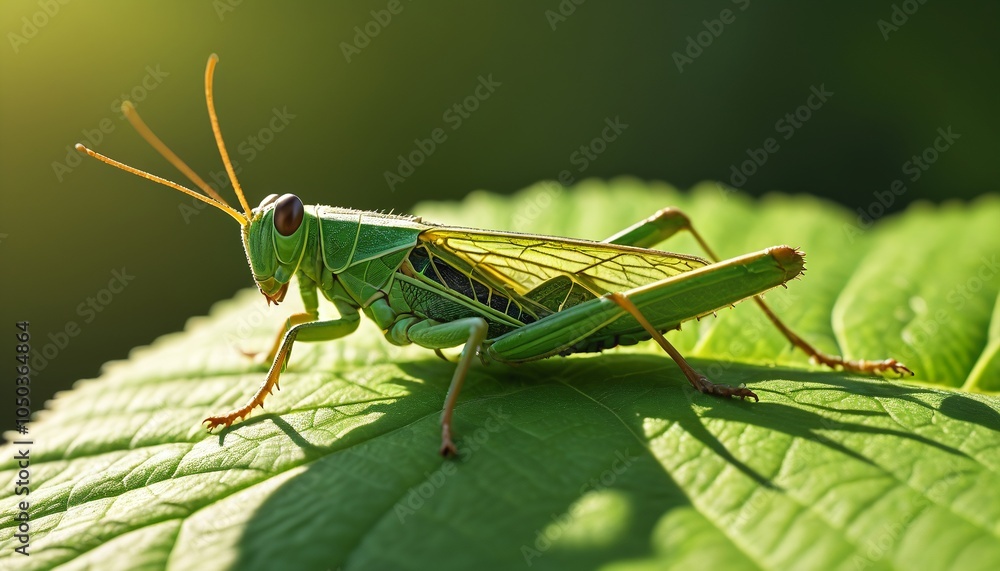 A delicate grasshopper resting on a green leaf, soaking up the warm sunlight, illustrating the charm of tiny creatures in their natural environment, Generative AI A delicate grasshopper resting on a green leaf, soaking up the warm sunlight, illustrating the charm of tiny creatures in their natural environment, Generative AI