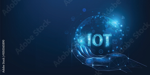 A graphic illustration of a hand with digital network and IoT (Internet of Things) icons hovering above on a blue background. Big Data Cloud Computing Network Of Physical Devices With Secure Network.
