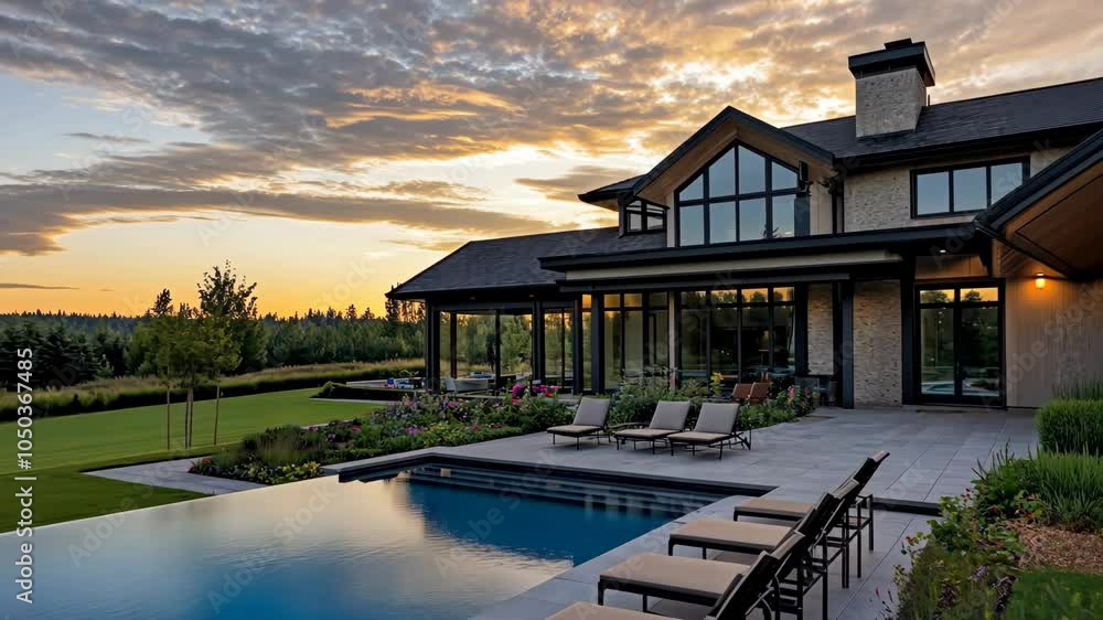 A modern home with a swimming pool and patio overlooks a lush lawn and forest at sunset