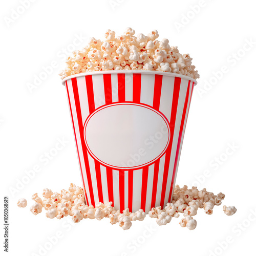 3D Red and White Popcorn Bucket Overflowing with Popcorn on White Background: Ideal for Movie Night Promotions and Advertising