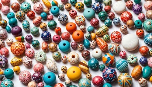 An artistic arrangement of colorful polymer clay beads on a white background, highlighting their various shapes and sizes for jewelry making, Generative AI