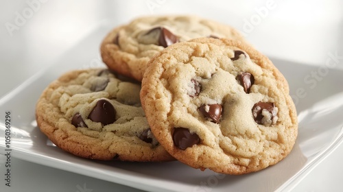 delicious, freshly baked chocolate chip cookies arranged artistically, showcasing their soft texture and gooey chocolate against a simple backdrop