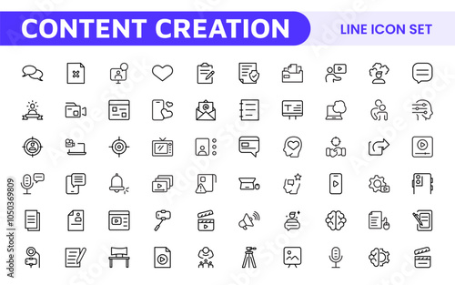Content Creation Icon Set. Creative and versatile icons for bloggers, vloggers, and digital creators, perfect for enhancing editing tools, social media apps, and multimedia projects.
