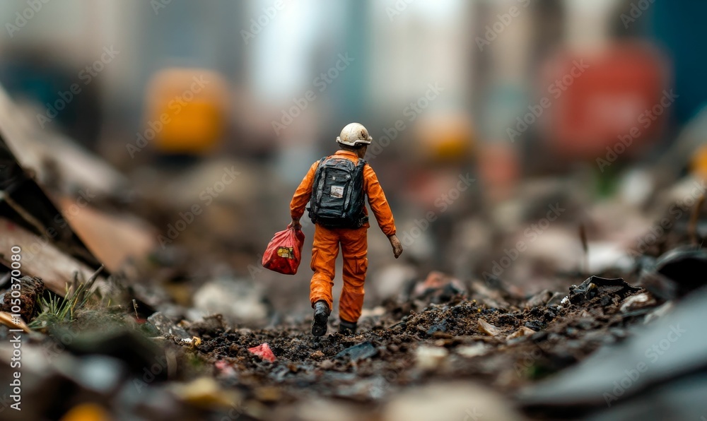 A lone figure walks through debris. A lone figure walks through debris.