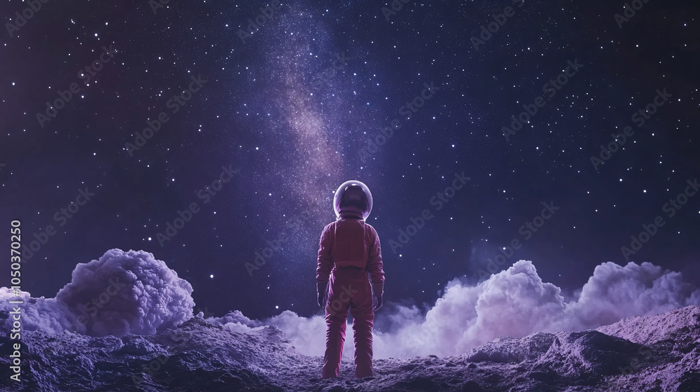 Fototapeta premium Amazed astronaut watching the Milky Way, set against a starry background and the vast universe surrounding them 