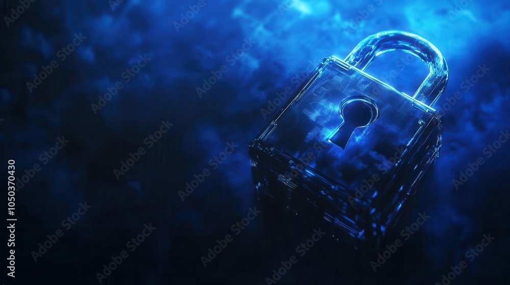 digital padlock glowing in deep blue light against a dark background, representing advanced cyber security technology for data privacy and fraud prevention digital padlock glowing in deep blue light against a dark background, representing advanced cyber security technology for data privacy and fraud prevention