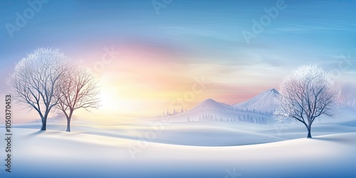 A serene winter landscape poster with a snow-covered mountain, bare trees, and a frosty blue sky at sunrise. Peaceful and calming winter scenery.