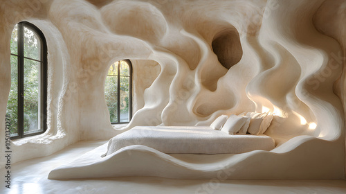 Harmonious Wabi Sabi Bedroom with Exquisite Coral Sculpture and Soft Muslin Textiles Lit by Natural Sunlight photo