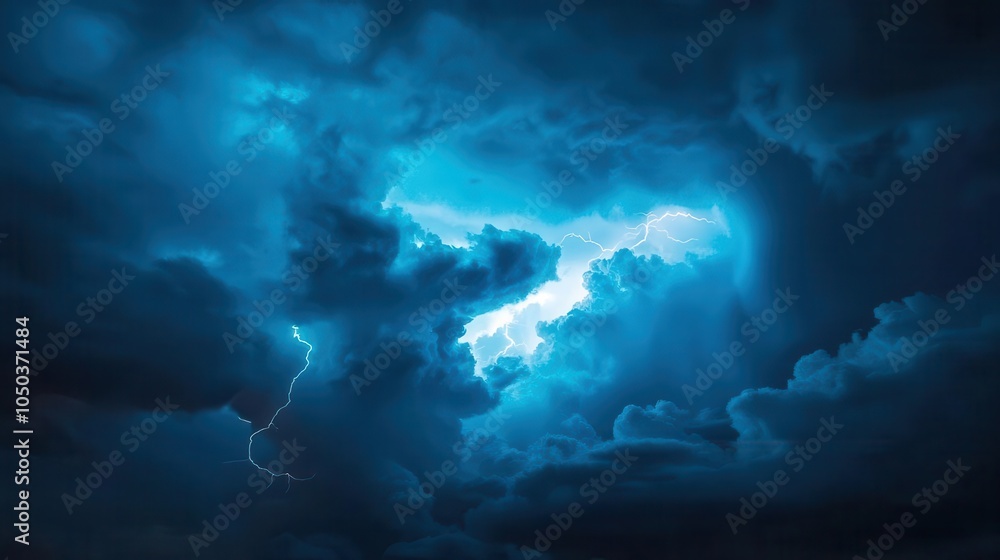 dramatic lightning and thunder striking a deep blue sky, illuminating the clouds and creating a sense of awe and power in a stormy atmosphere dramatic lightning and thunder striking a deep blue sky, illuminating the clouds and creating a sense of awe and power in a stormy atmosphere