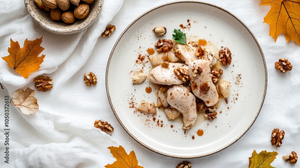 A white plate with a delicious chicken breast and walnut dish, drizzled with honey and garnished with parsley, accompanied by autumnal leaves and walnuts. A white plate with a delicious chicken breast and walnut dish, drizzled with honey and garnished with parsley, accompanied by autumnal leaves and walnuts.