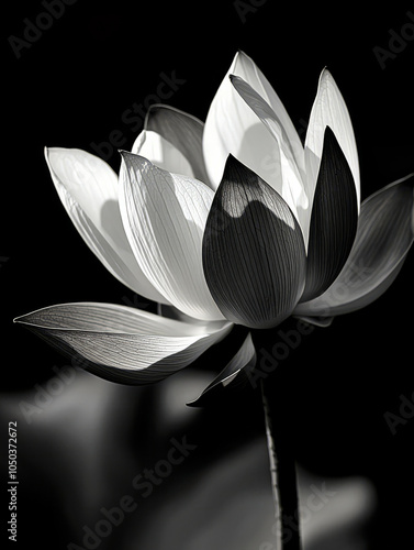 Elegant lotus flower in black and white on dark background.