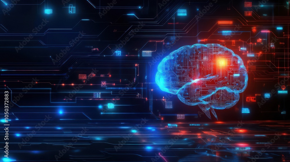 Fototapeta premium Digital brain with glowing circuits on a futuristic background, symbolizing artificial intelligence and innovation.