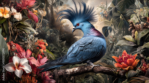 The Majestic Victoria Crowned Pigeon in its Lush Tropical Habitat Surrounded by Vibrant Flora and Serene Nature photo