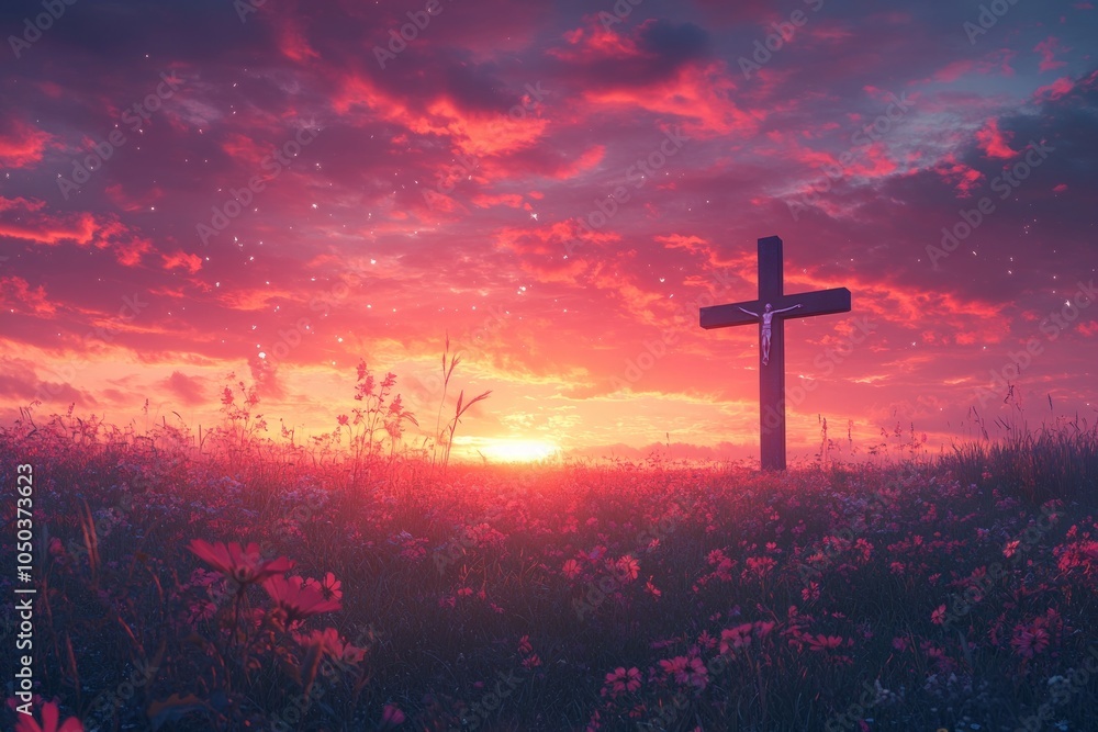 A wooden cross stands tall against a vibrant sunset sky, surrounded by a field of wildflowers. A wooden cross stands tall against a vibrant sunset sky, surrounded by a field of wildflowers.