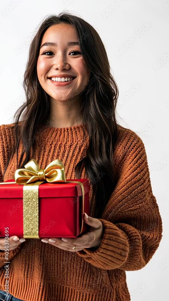 Smiling woman holding a gift box with gold ribbon in casual attire Smiling woman holding a gift box with gold ribbon in casual attire