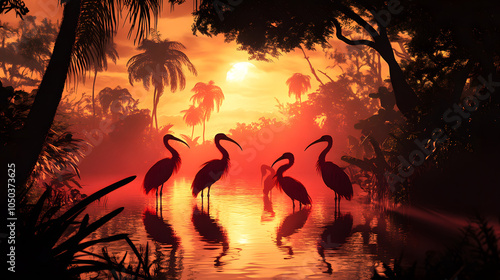 Scarlet Ibises at Sunset: A Captivating Scene of Tropical Beauty and Harmony photo