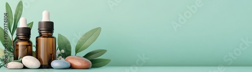 Essential oil bottles with healing stones and herbs, holistic wellness, 3D illustration