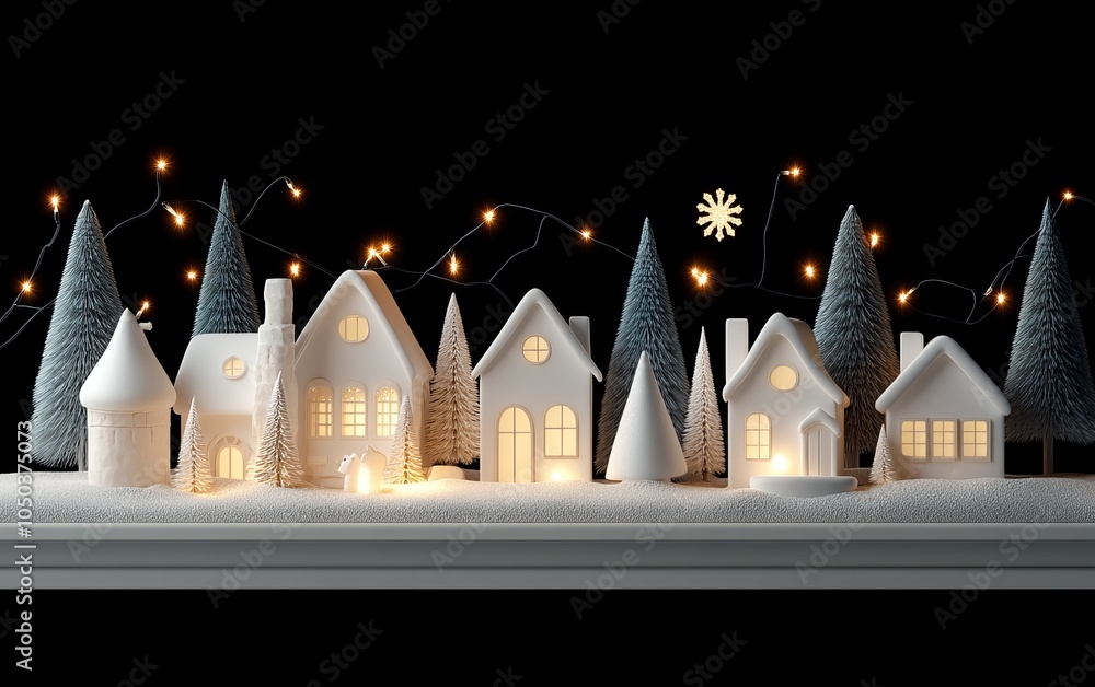 A peaceful winter village scene with illuminated snowy houses and evergreen trees against a black background. A peaceful winter village scene with illuminated snowy houses and evergreen trees against a black background.