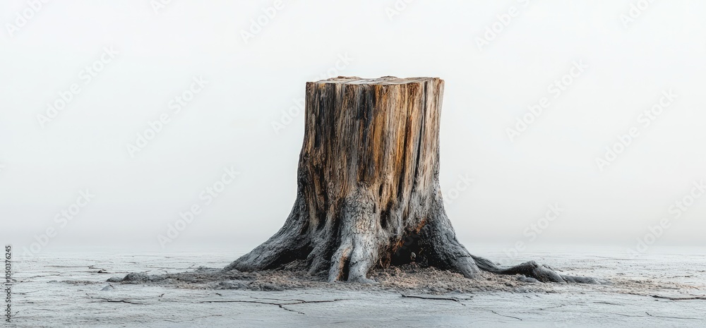 A weathered tree stump stands tall in a field of white fog. A weathered tree stump stands tall in a field of white fog.