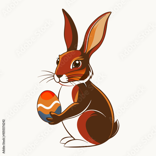 Cartoon Rabbit Holding Colorful Easter Egg with Stripes