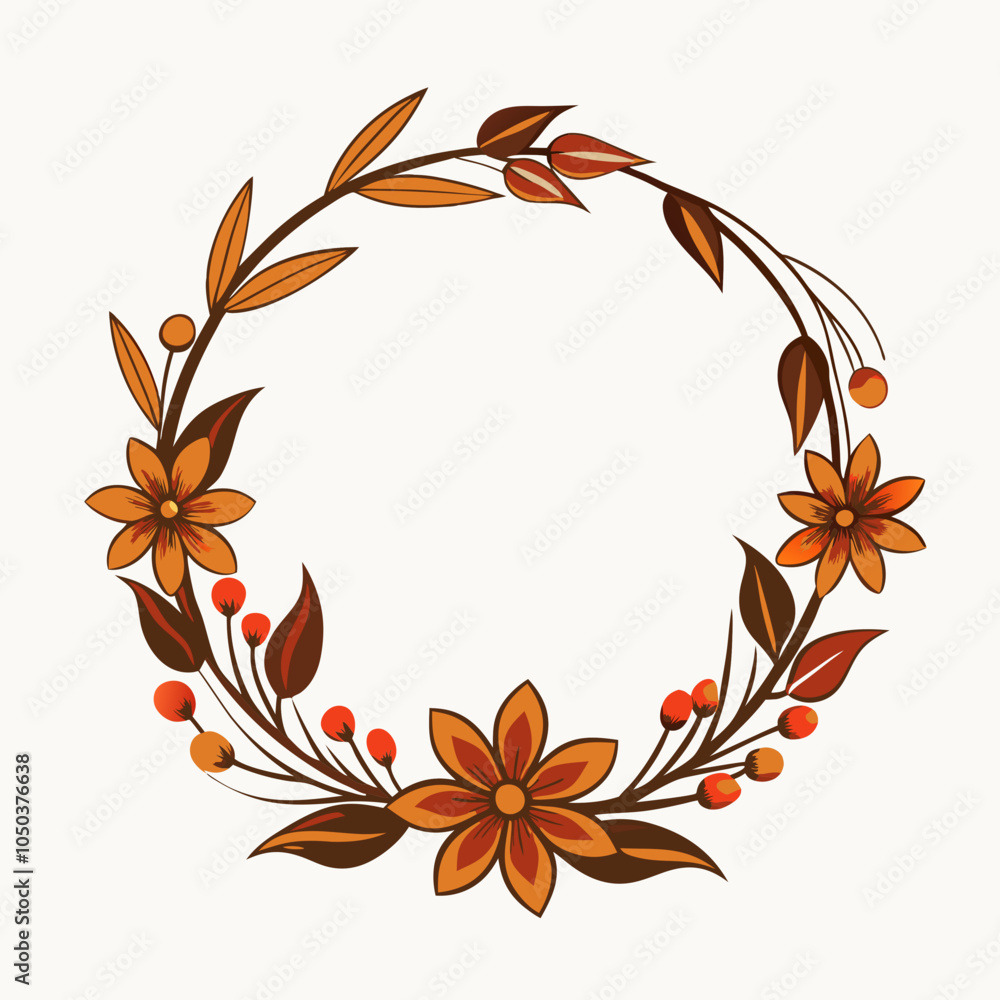 Obraz premium Autumnal Wreath with Leaves, Six-Petal Flowers, and Berries