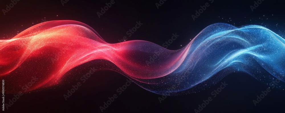 Obraz premium Abstract red and blue waves with glowing particles on a black background.