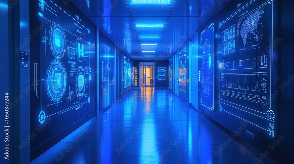 Fototapeta premium Futuristic hallway with glowing blue screens displaying data and information.
