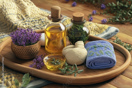 Herbal poultices and natural oils on a wooden tray, traditional healing, 3D illustration photo