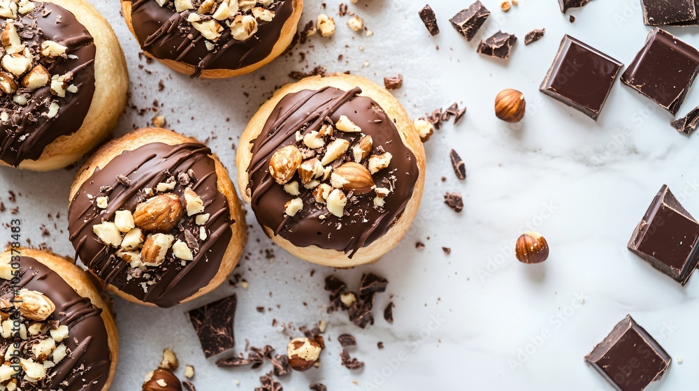 Fototapeta premium Chocolate-drizzled paczki topped with crushed nuts, isolated on a white marble surface, surrounded by chocolate chunks and hazelnuts