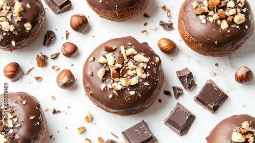 Chocolate-drizzled paczki topped with crushed nuts, isolated on a white marble surface, surrounded by chocolate chunks and hazelnuts photo