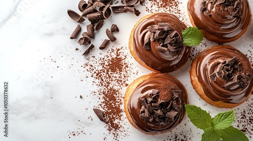 Chocolate-filled pączki topped with melted chocolate glaze, isolated on a white marble background, with cocoa powder dusting, chocolate curls, and a sprig of fresh mint photo