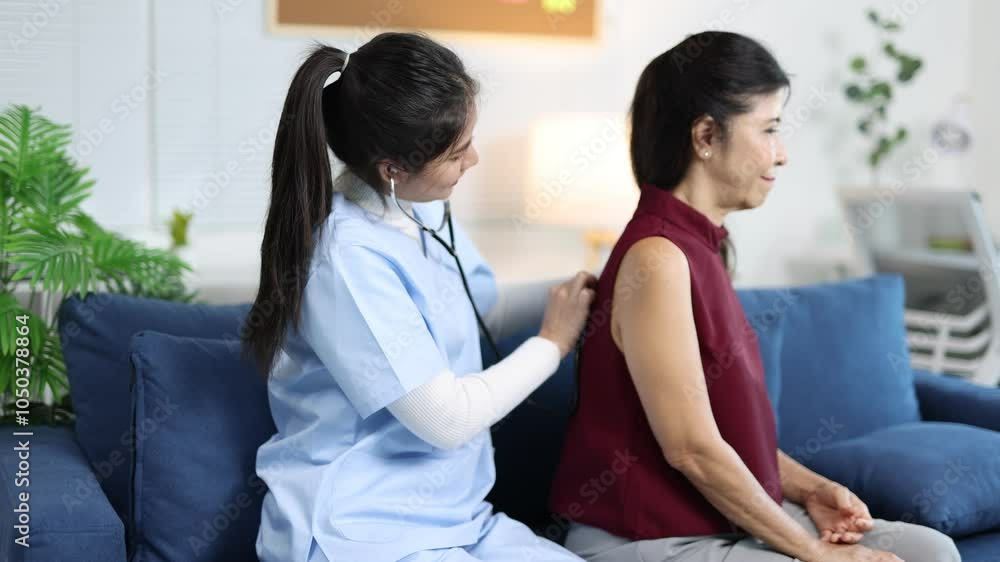 Young female doctor in blue scrubs auscultates the lungs of a senior patient with a stethoscope during a home visit, providing essential medical care and attention. Young female doctor in blue scrubs auscultates the lungs of a senior patient with a stethoscope during a home visit, providing essential medical care and attention.