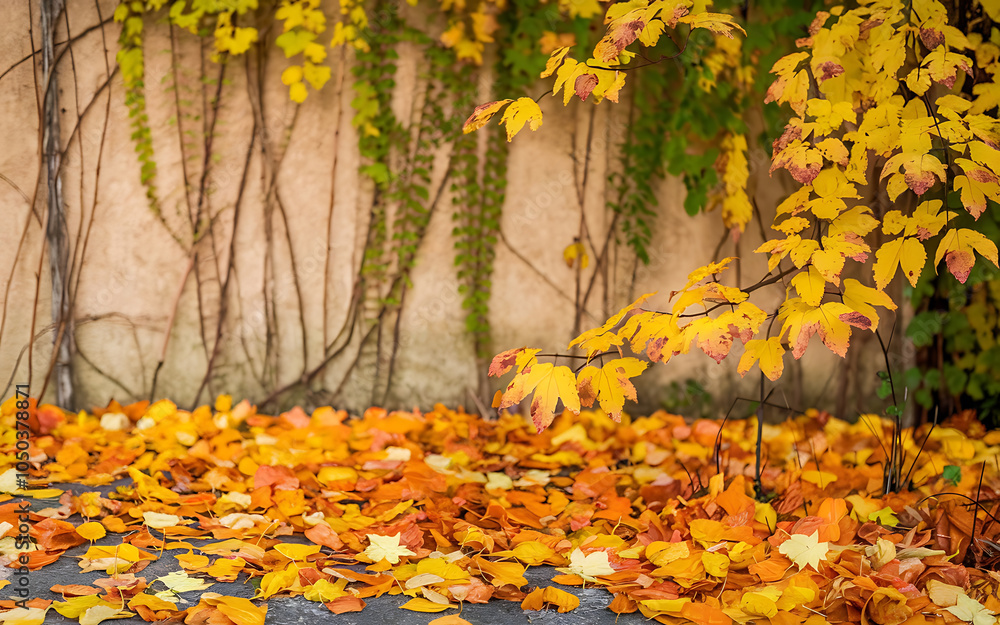Yellow leaves on a wall autumnal foliage nature background Yellow leaves on a wall autumnal foliage nature background