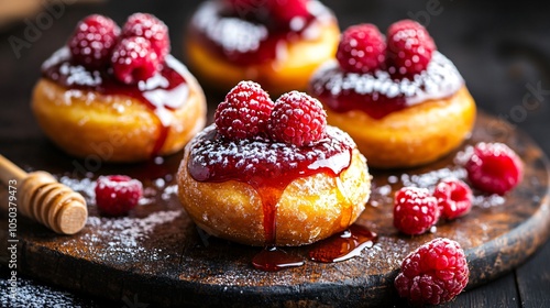 Wallpaper Mural Glazed paczki with raspberry filling, isolated on a dark wooden background, garnished with fresh raspberries, powdered sugar, and a drizzle of honey Torontodigital.ca